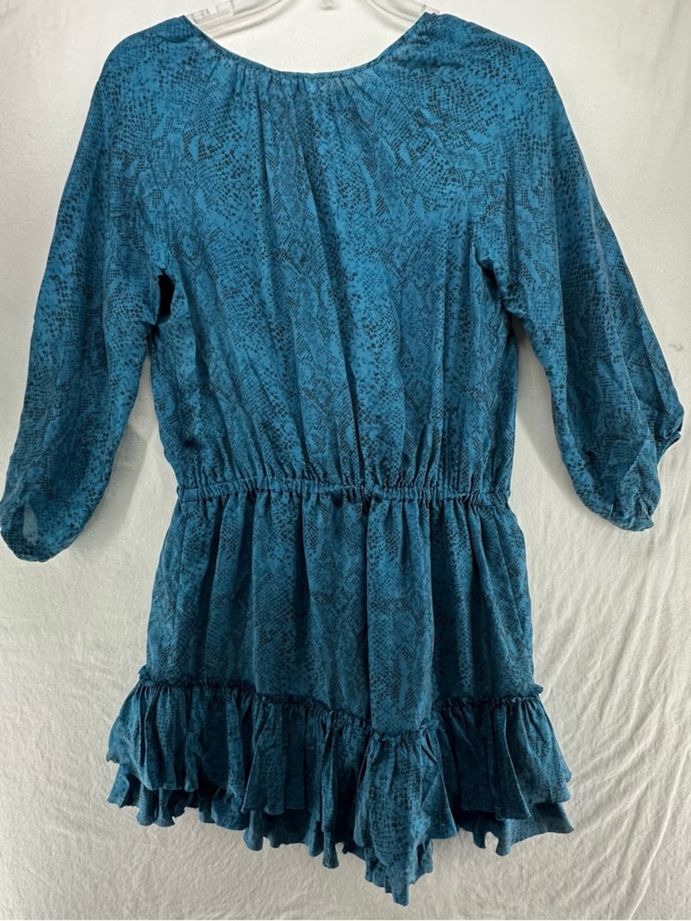 Rebecca Taylor Dress Python Print 3/4 Sleeve Silk Tie Waist Ruffle Blue Size 8 - Picture 3 of 9